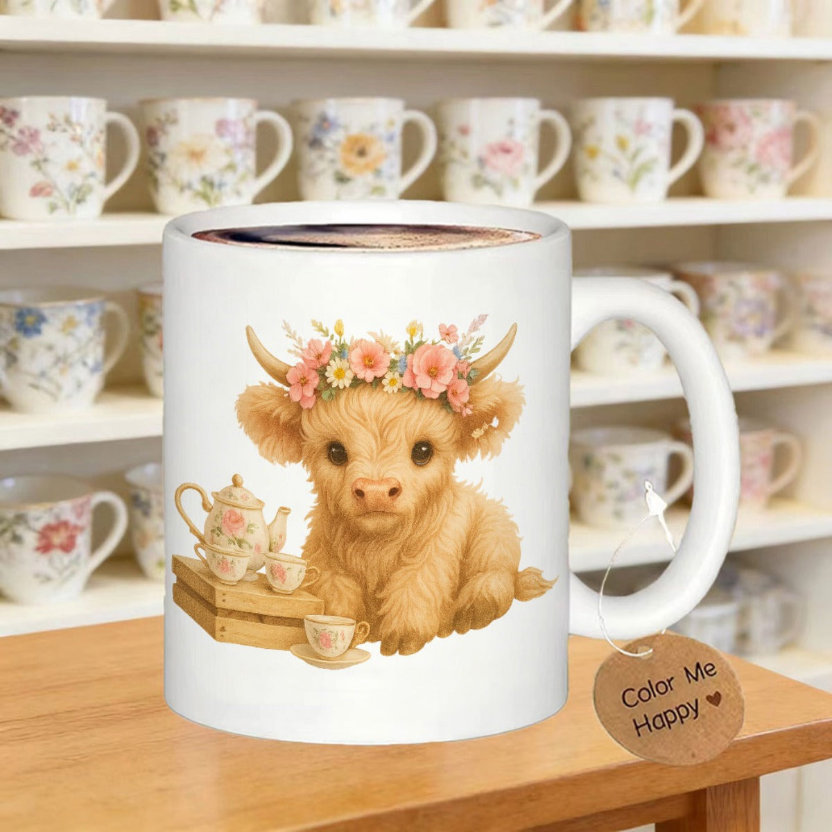 Tailorly White Ceramic 11 oz Mug - Color Me Happy Fluffy Golden Highland Calf Wearing Vibrant Flowers Near Vintage Floral Teapot Cow