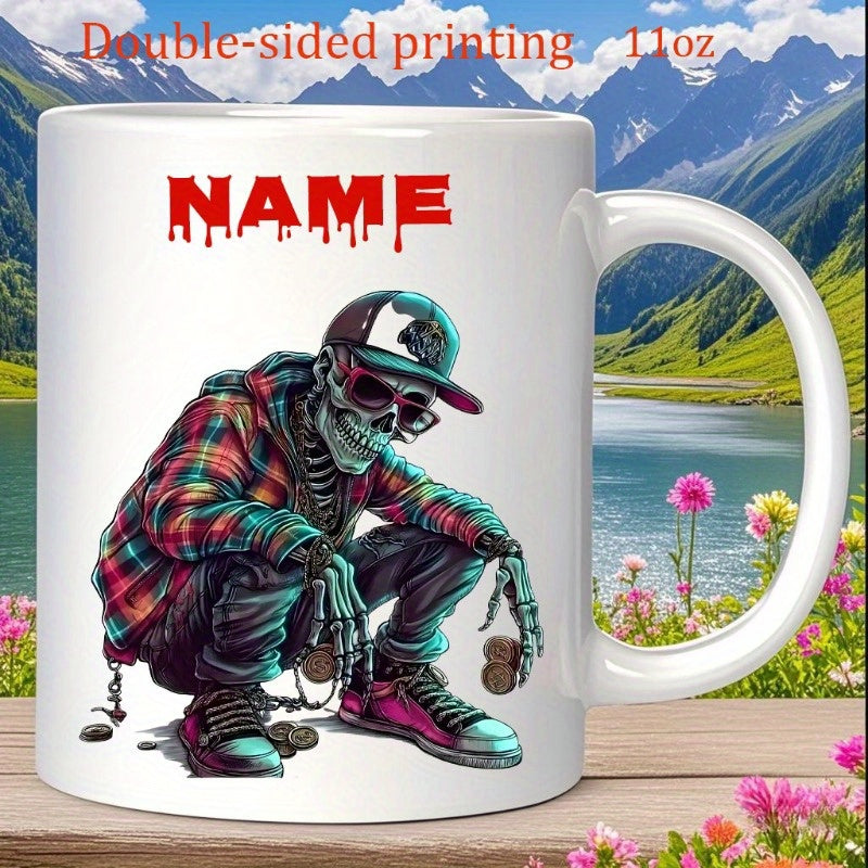 Tailorly White Ceramic 11 oz Mug - Name Stylized Urban Squatting In Plaid Shirt And Trendy Sneakers Skeleton