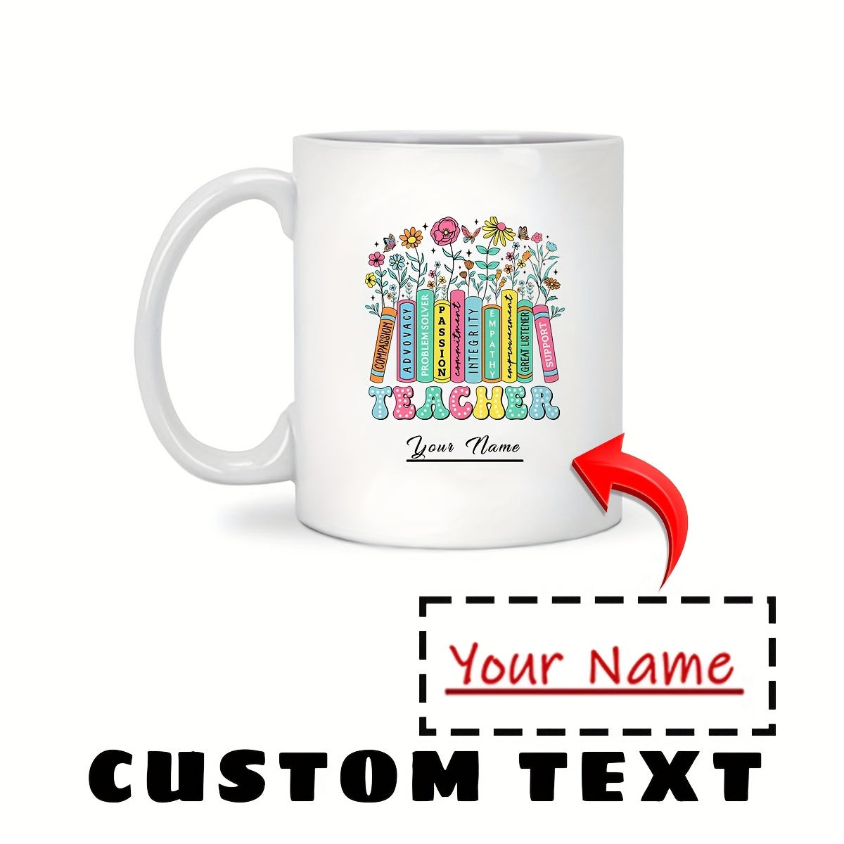Tailorly White Ceramic 11 oz Mug - Teacher Your Name Colorful Artistic Books With Blooming Flowers In A Beautiful Garden Arrangement Bookshelf