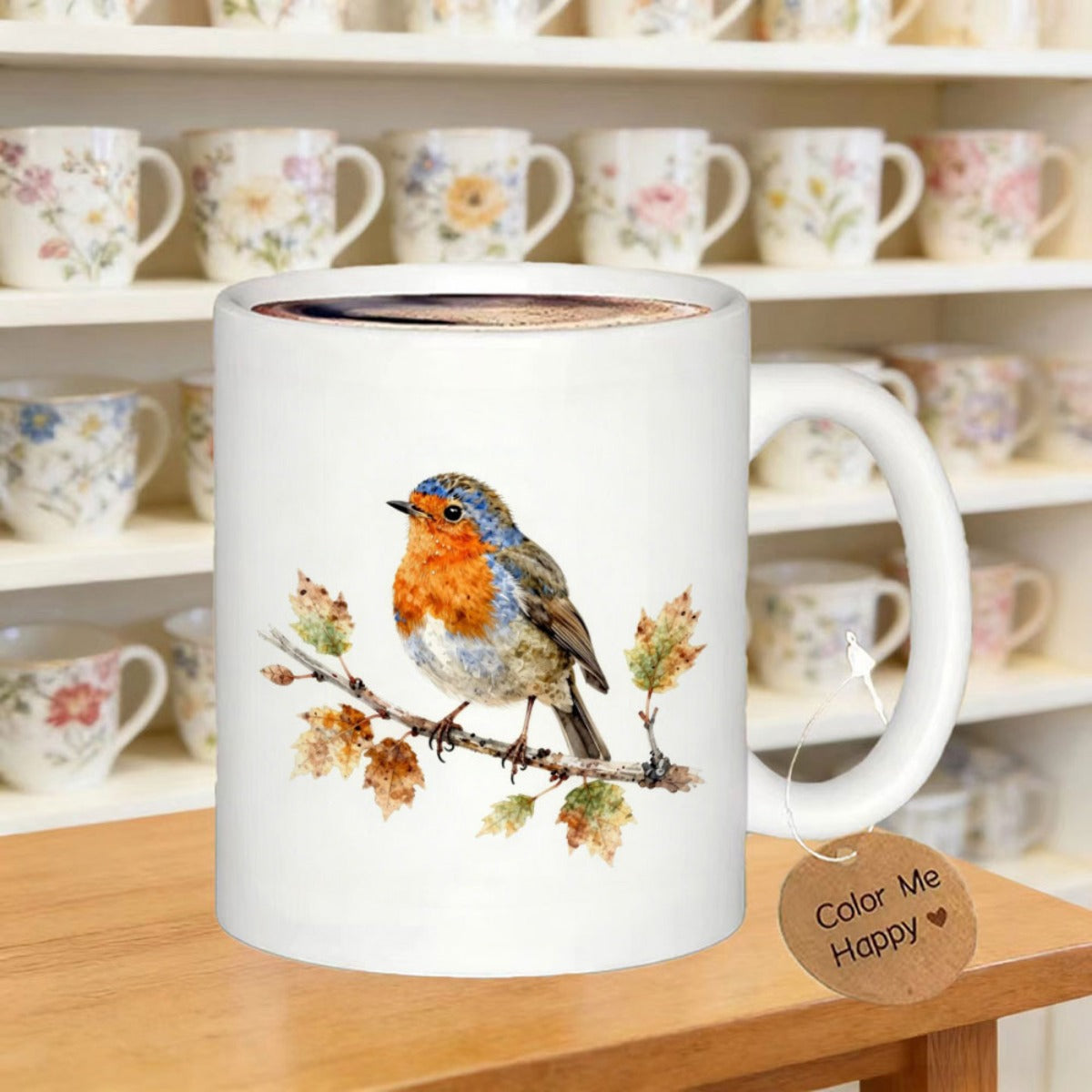 Tailorly White Ceramic 11 oz Mug - Color Me Happy Beautiful Watercolor Perched Among Delicate Autumn Leaves On A Branch Robin