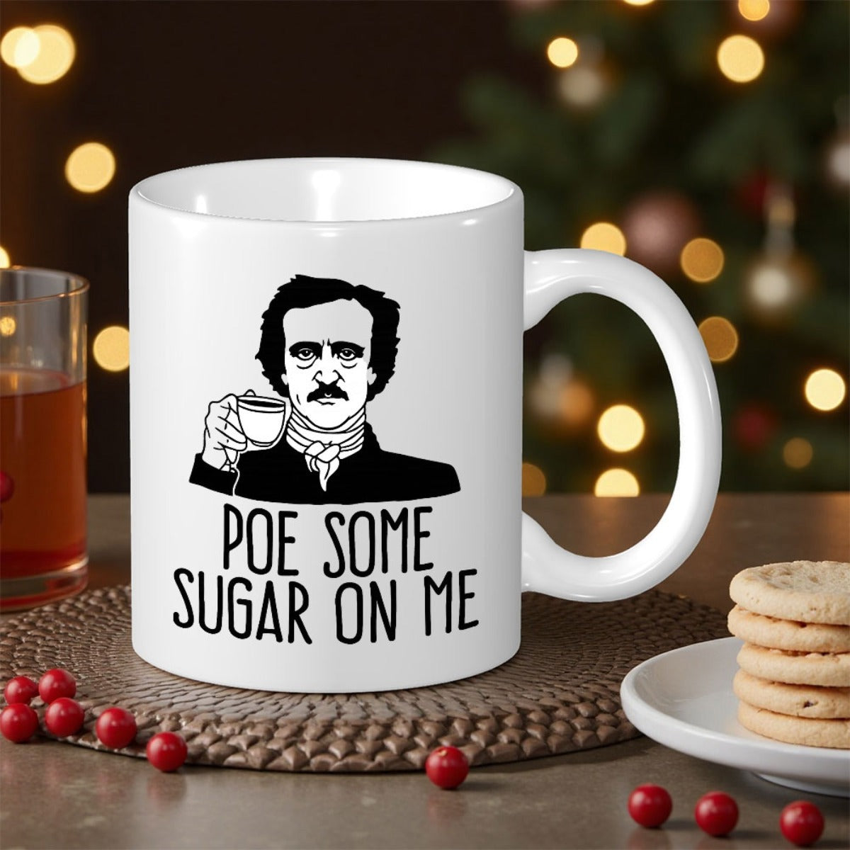 Tailorly White Ceramic 11 oz Mug - Poe Some Sugar On Me Classic Stylized Portrait Of A Famous Writer Holding A Small Coffee Cup Mug
