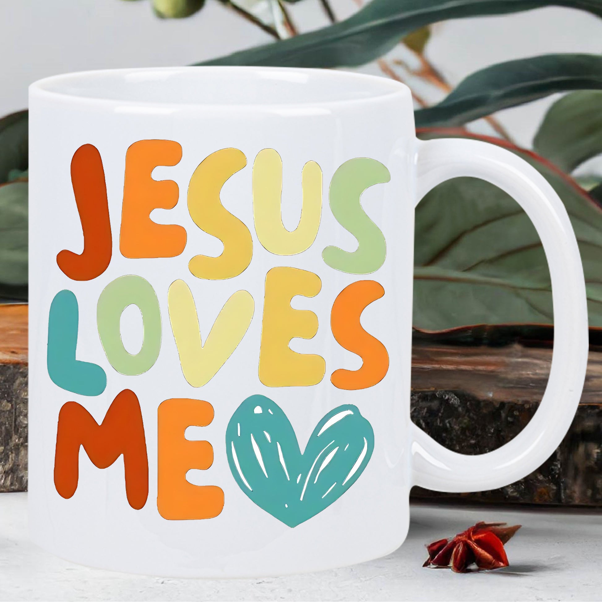 Tailorly White Ceramic 11 oz Mug - Jesus Loves Me Colorful Retro Style Typography Featuring A Charming Teal Heart Shaped Symbol Mug