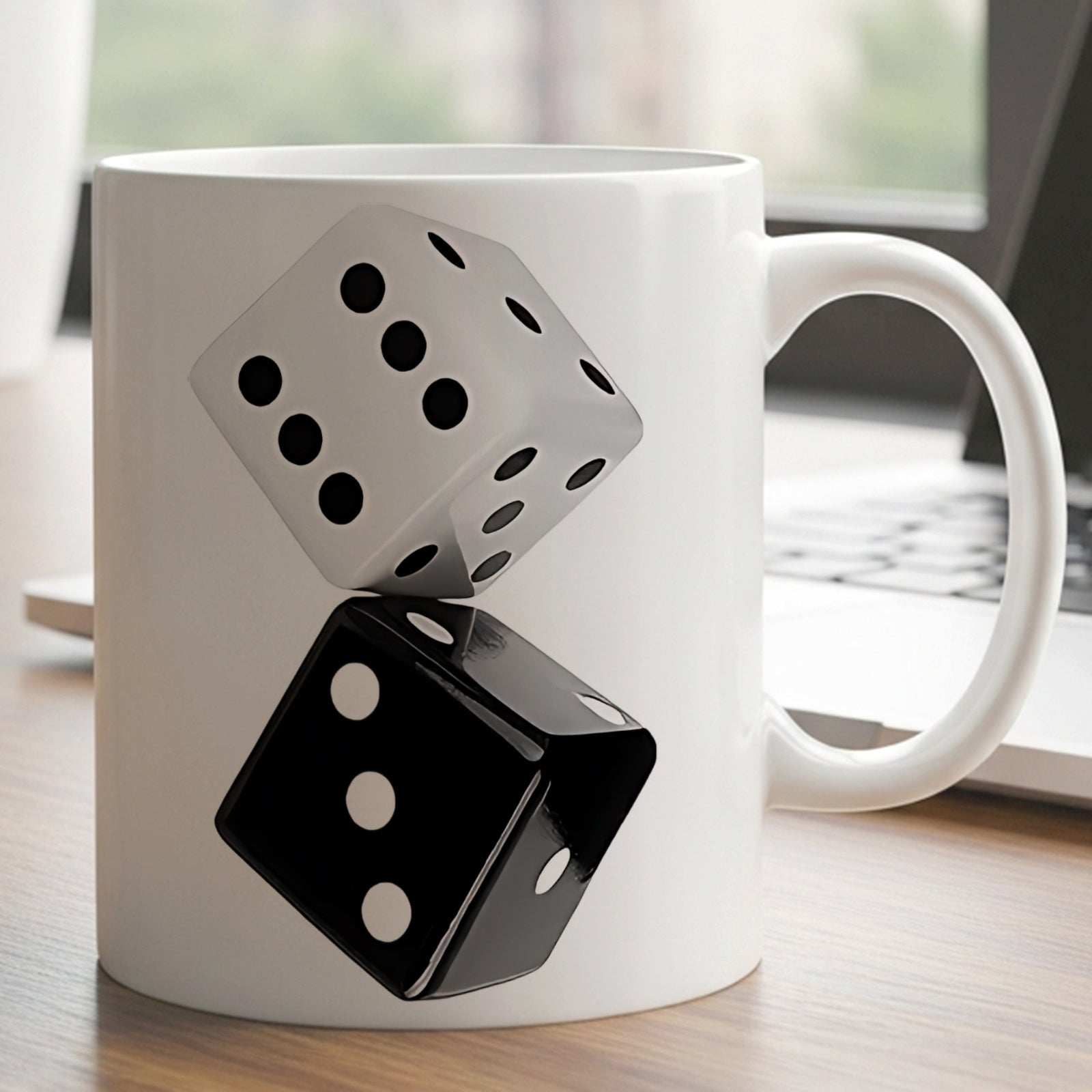 Tailorly White Ceramic 11 oz Mug - Sleek Black And White Gaming Cubes Balanced In Artistic Perspective Dice