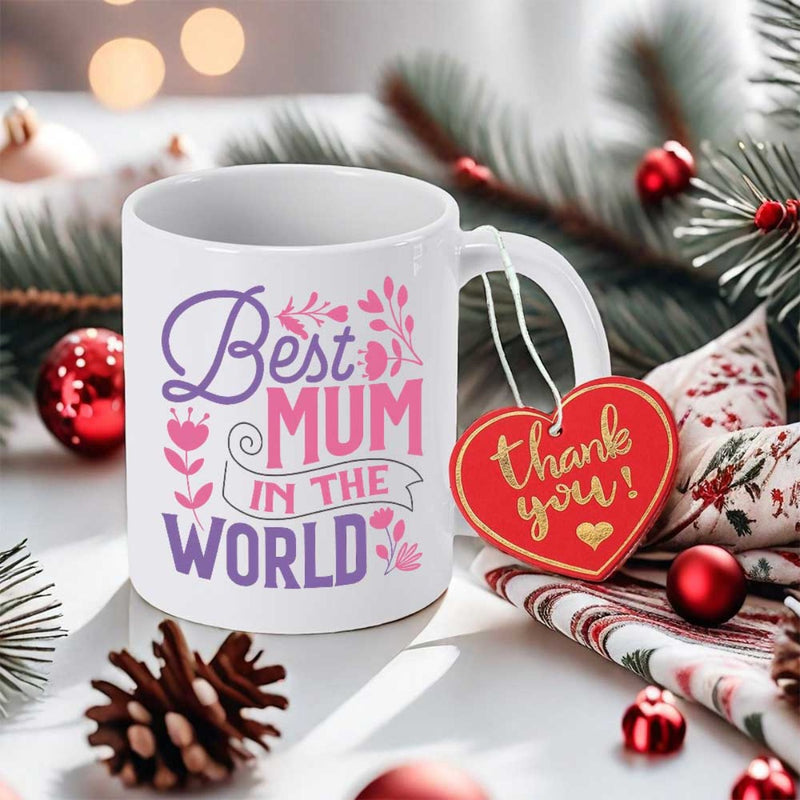 Tailorly White Ceramic 11 oz Mug - Best Mum In The World Elegant White Ceramic Featuring Decorative Pink Purple Floral Elements Sentiment Mug