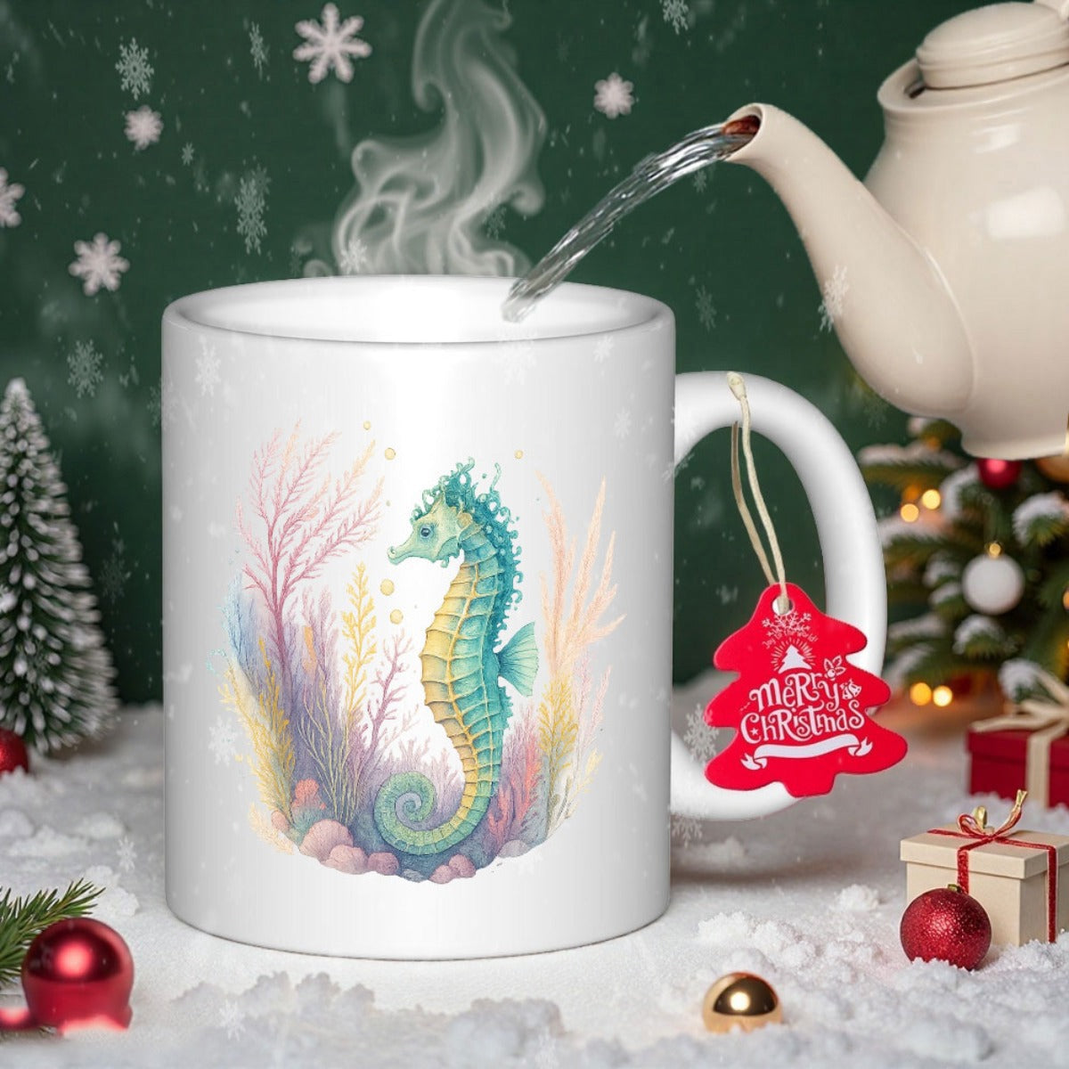 Tailorly White Ceramic 11 oz Mug - Merry Christmas Graceful Pastel Watercolor Nautical Theme Among Delicate Colorful Undersea Coral Reef Seahorse