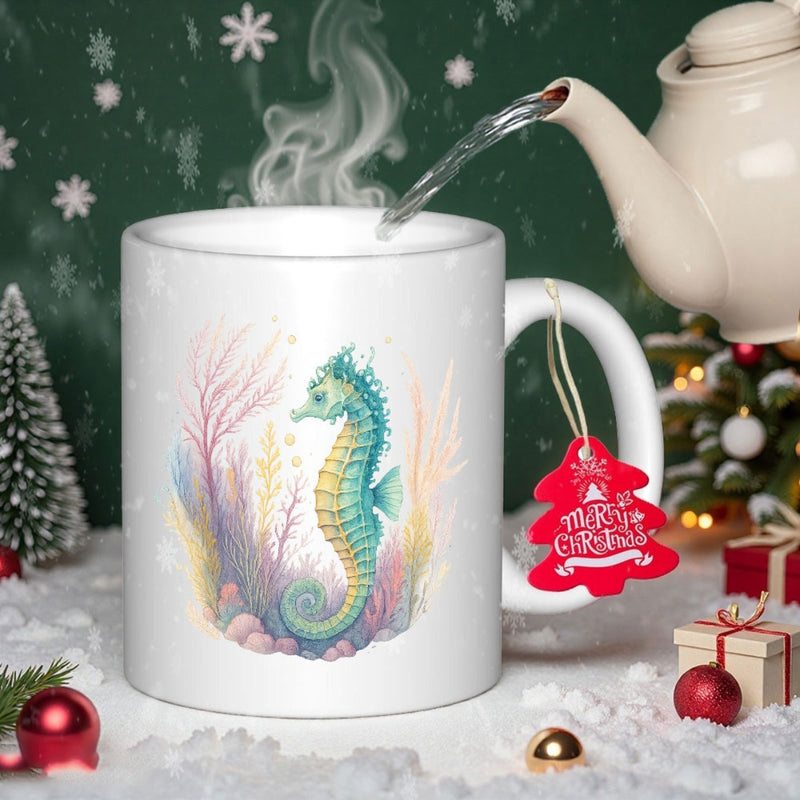 Tailorly White Ceramic 11 oz Mug - Merry Christmas Graceful Pastel Watercolor Nautical Theme Among Delicate Colorful Undersea Coral Reef Seahorse