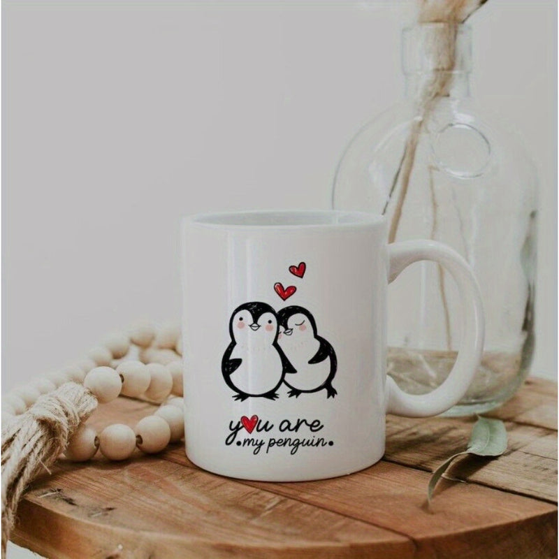Tailorly White Ceramic 11 oz Mug - You Are My Penguin Adorable Cartoon Birds Standing Closely With Floating Tiny Red Hearts Penguin
