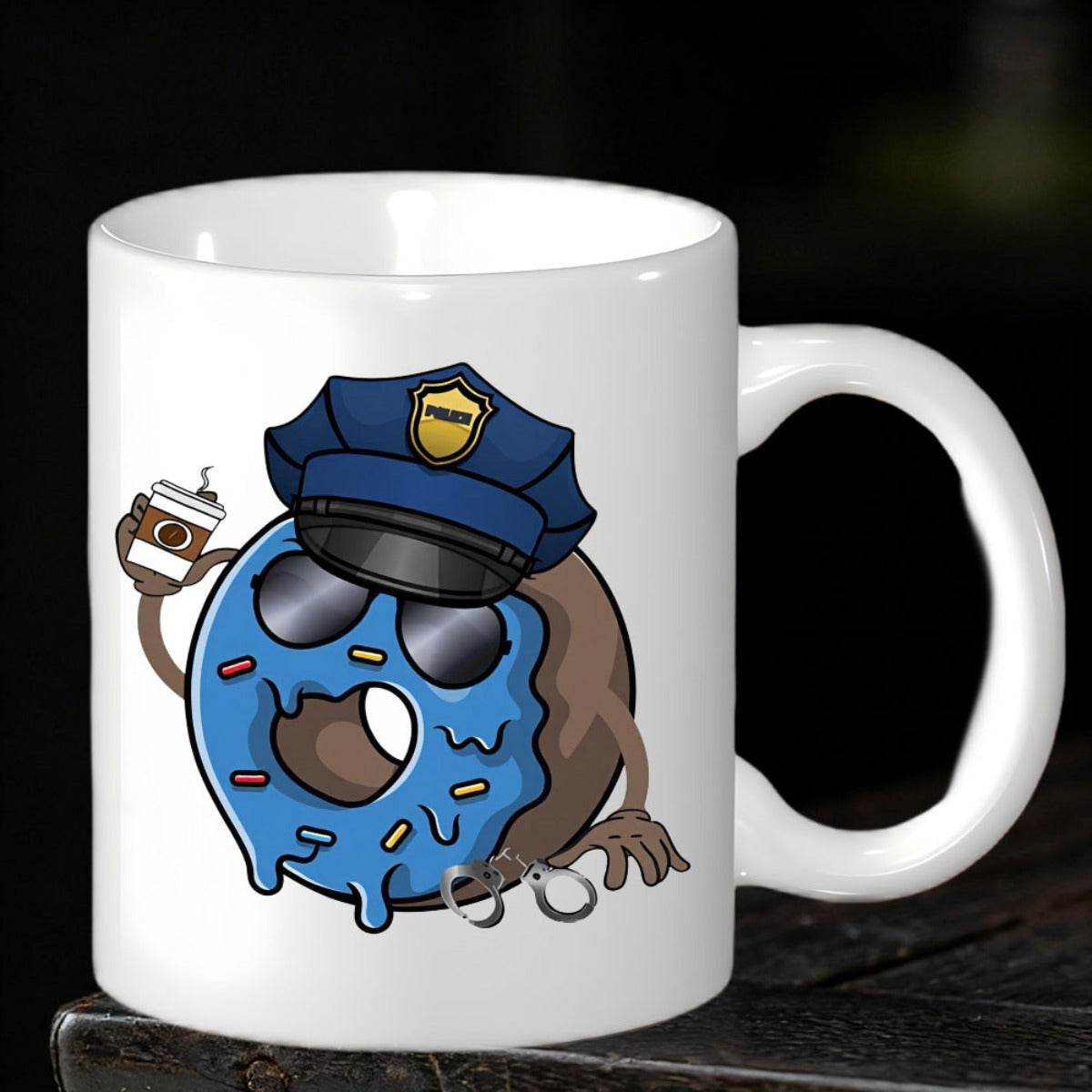 Tailorly White Ceramic 11 oz Mug - Police Funny Blue Iced Cartoon Character Wearing Sunglasses And Official Hat Donut