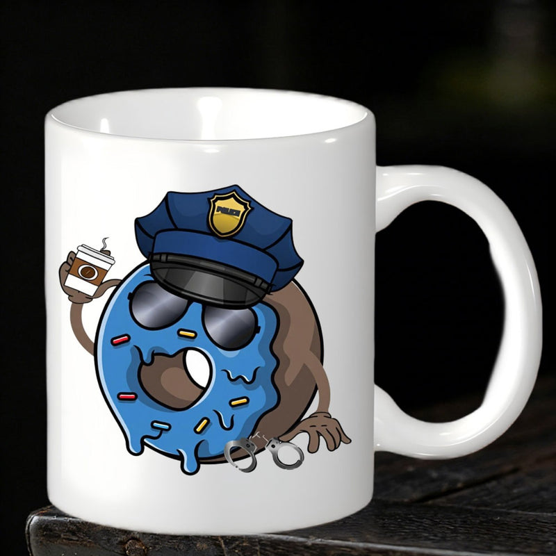 Tailorly White Ceramic 11 oz Mug - Police Funny Blue Iced Cartoon Character Wearing Sunglasses And Official Hat Donut