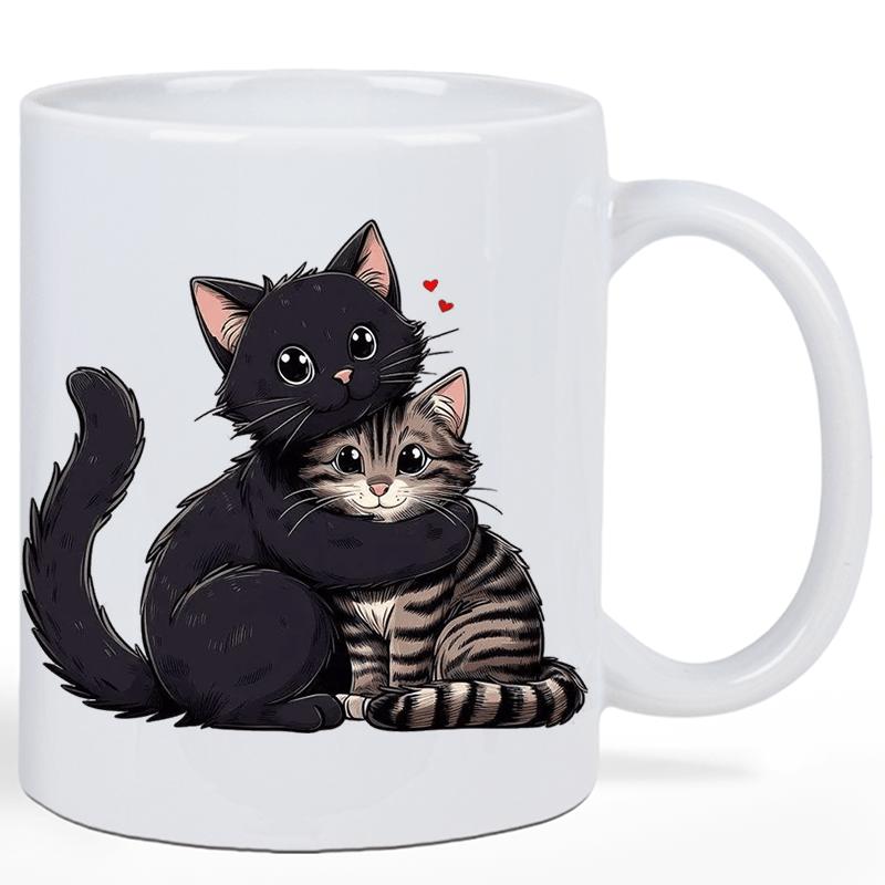 Tailorly White Ceramic 11 oz Mug - Two Small Fluffy Kittens Hugging Closely Under Tiny Red Floating Hearts Cat