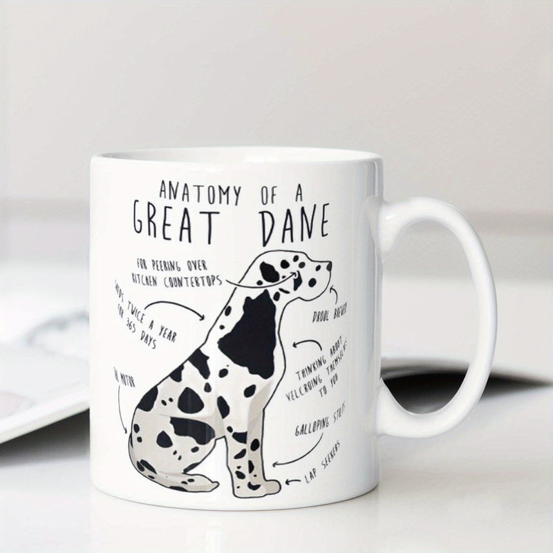 Tailorly White Ceramic 11 oz Mug - Anatomy Of A Great Dane Hand Drawn Spotted Dog With Playful Descriptive Arrow Labels Great Dane