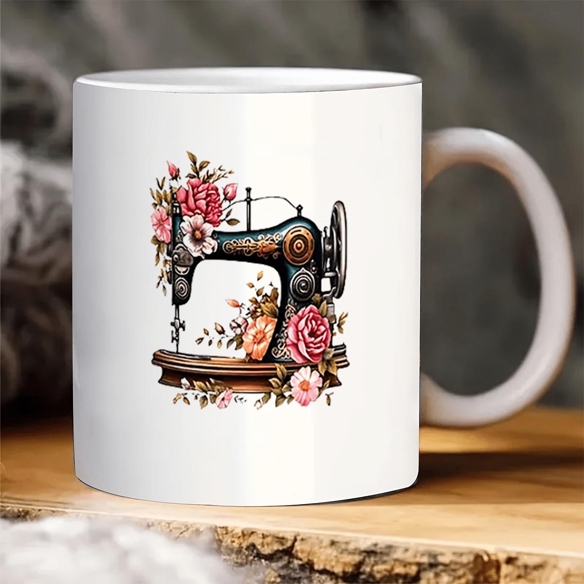 Tailorly White Ceramic 11 oz Mug - Vintage Metal Frame Adorned With Delicate Pink Roses And Blooming Flowers Sewing Machine