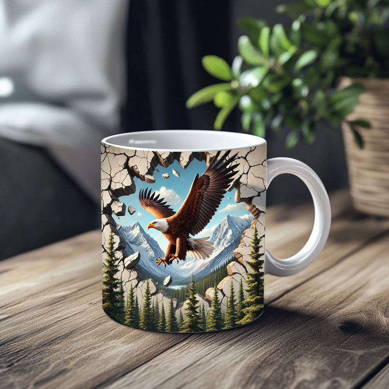 Tailorly White Ceramic 11 oz Mug - Majestic Bald Eagle Soaring Through Cracked Stone Wall Over Forest Eagle
