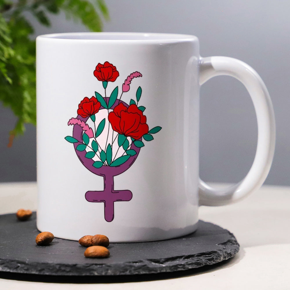 Tailorly White Ceramic 11 oz Mug - Elegant Red Blossoms Blooming From A Purple Feminine Venus Symbol Flower