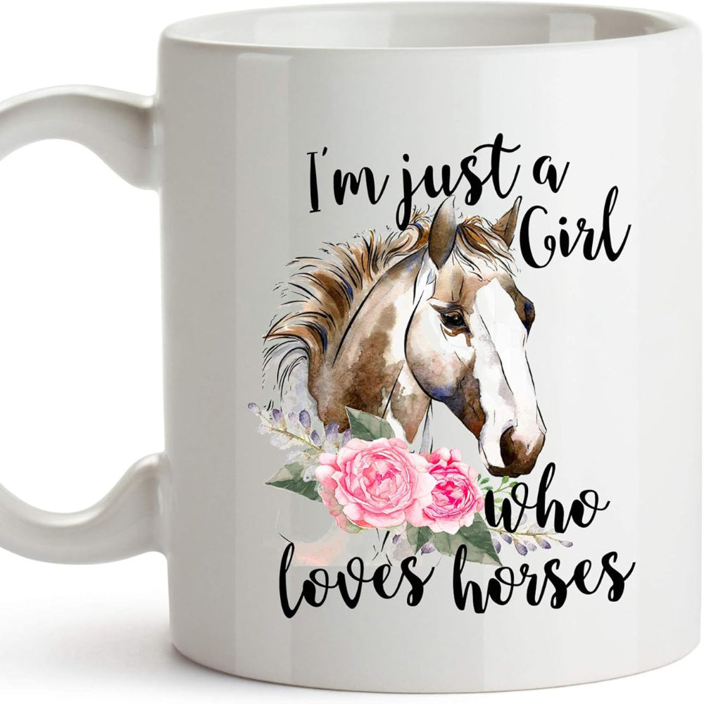Tailorly White Ceramic 11 oz Mug - Im Just A Girl Who Loves Horses Artistic Watercolor Portrait Featuring Pink Roses And Elegant Floral Accents Horse