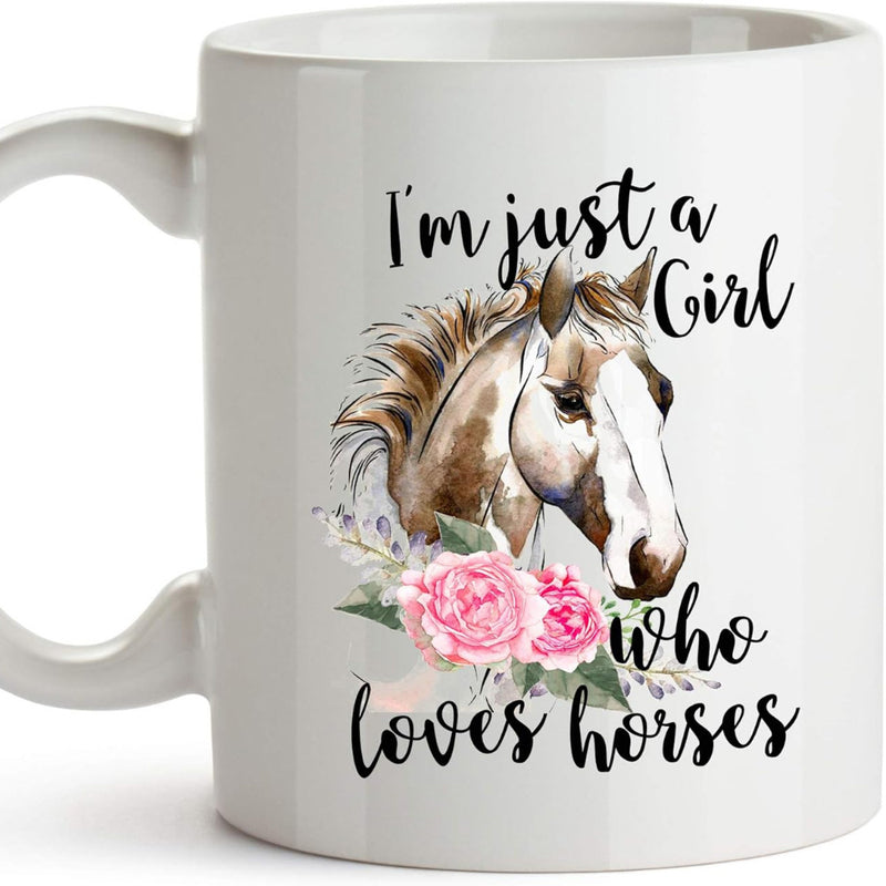 Tailorly White Ceramic 11 oz Mug - Im Just A Girl Who Loves Horses Artistic Watercolor Portrait Featuring Pink Roses And Elegant Floral Accents Horse
