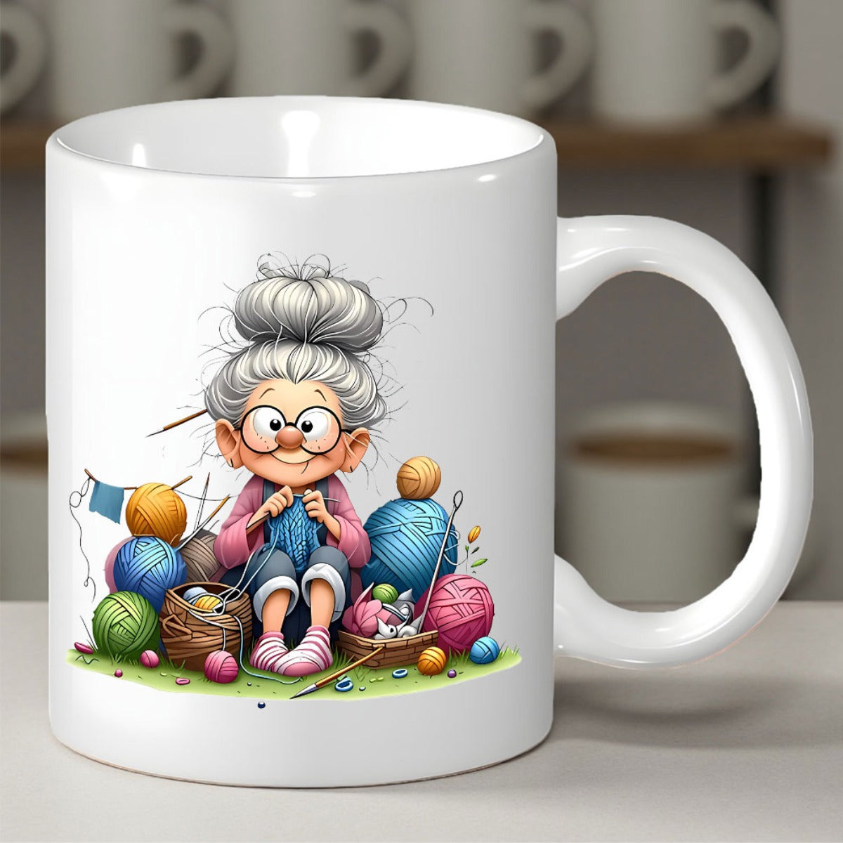 Tailorly White Ceramic 11 oz Mug - Adorable Elderly Woman Knitting Among Vibrant Colorful Balls Of Soft Yarn Grandmother