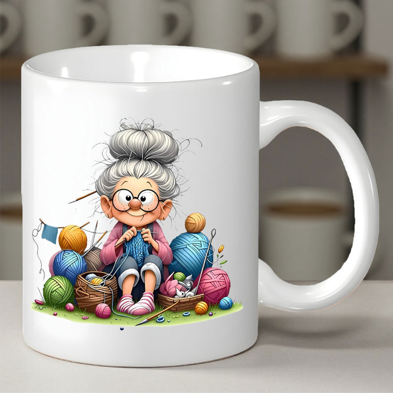 Tailorly White Ceramic 11 oz Mug - Adorable Elderly Woman Knitting Among Vibrant Colorful Balls Of Soft Yarn Grandmother