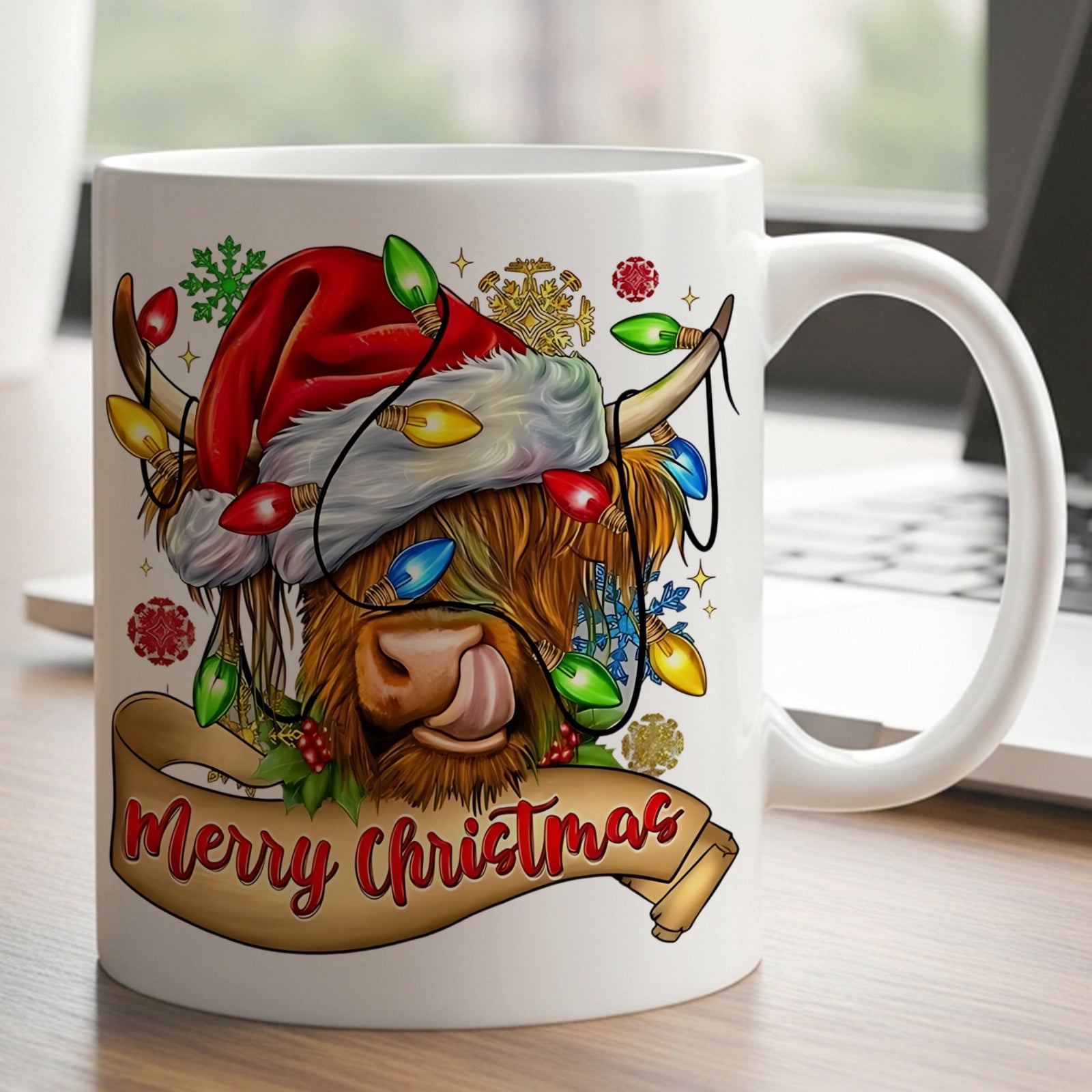 Tailorly White Ceramic 11 oz Mug - Merry Christmas Festive Shaggy Wearing Santa Hat Wrapped In Glowing Colorful Lights Highland Cow