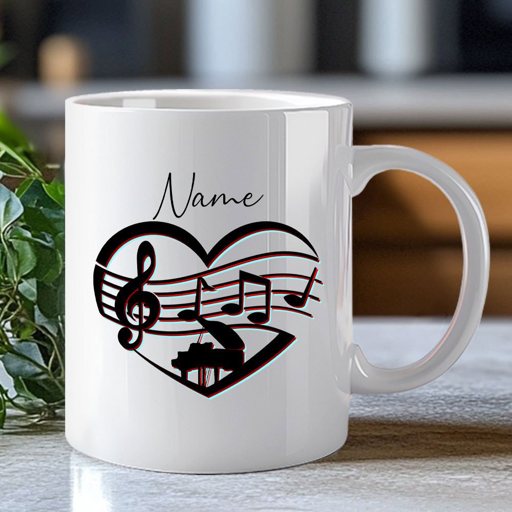 Tailorly White Ceramic 11 oz Mug - Name Artistic Musical Notes With Elegant Piano Keys Flowing In A Heart