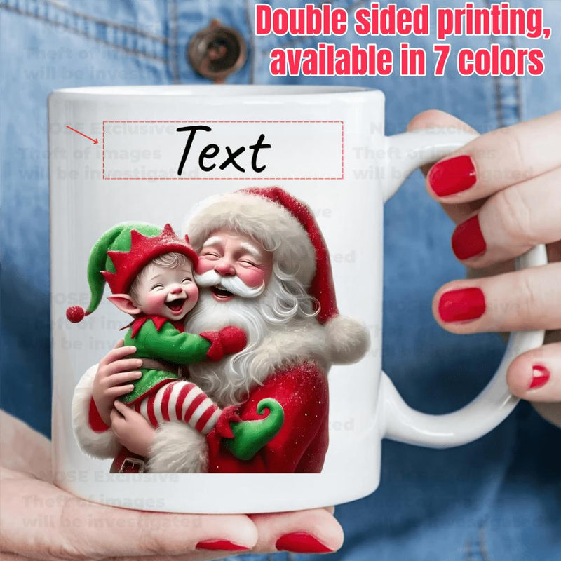 Tailorly White Ceramic 11 oz Mug - Text Merry Santa Claus Hugging A Small Smiling Green Christmas Elf Santa Claus