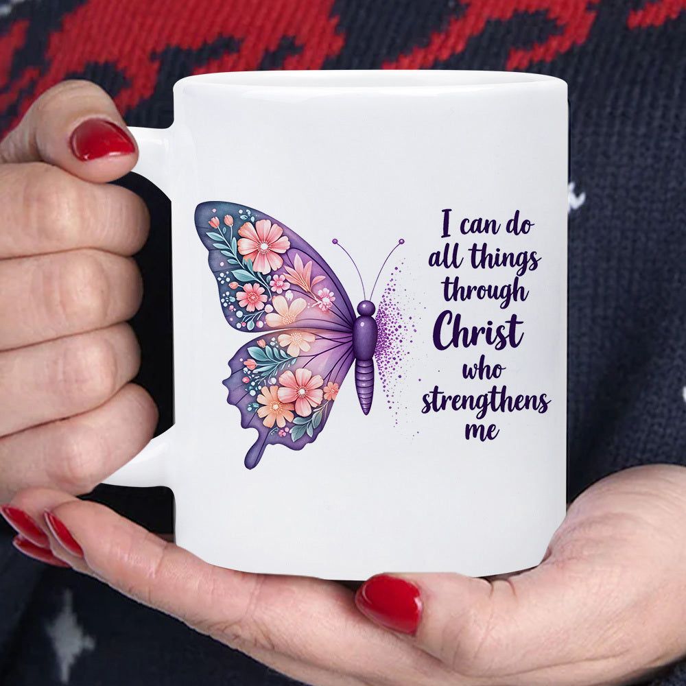 Tailorly White Ceramic 11 oz Mug - I Can Do All Things Through Christ Who Strengthens Me Purple Wings Adorned With Colorful Blossoms Inside A Graceful Butterfly