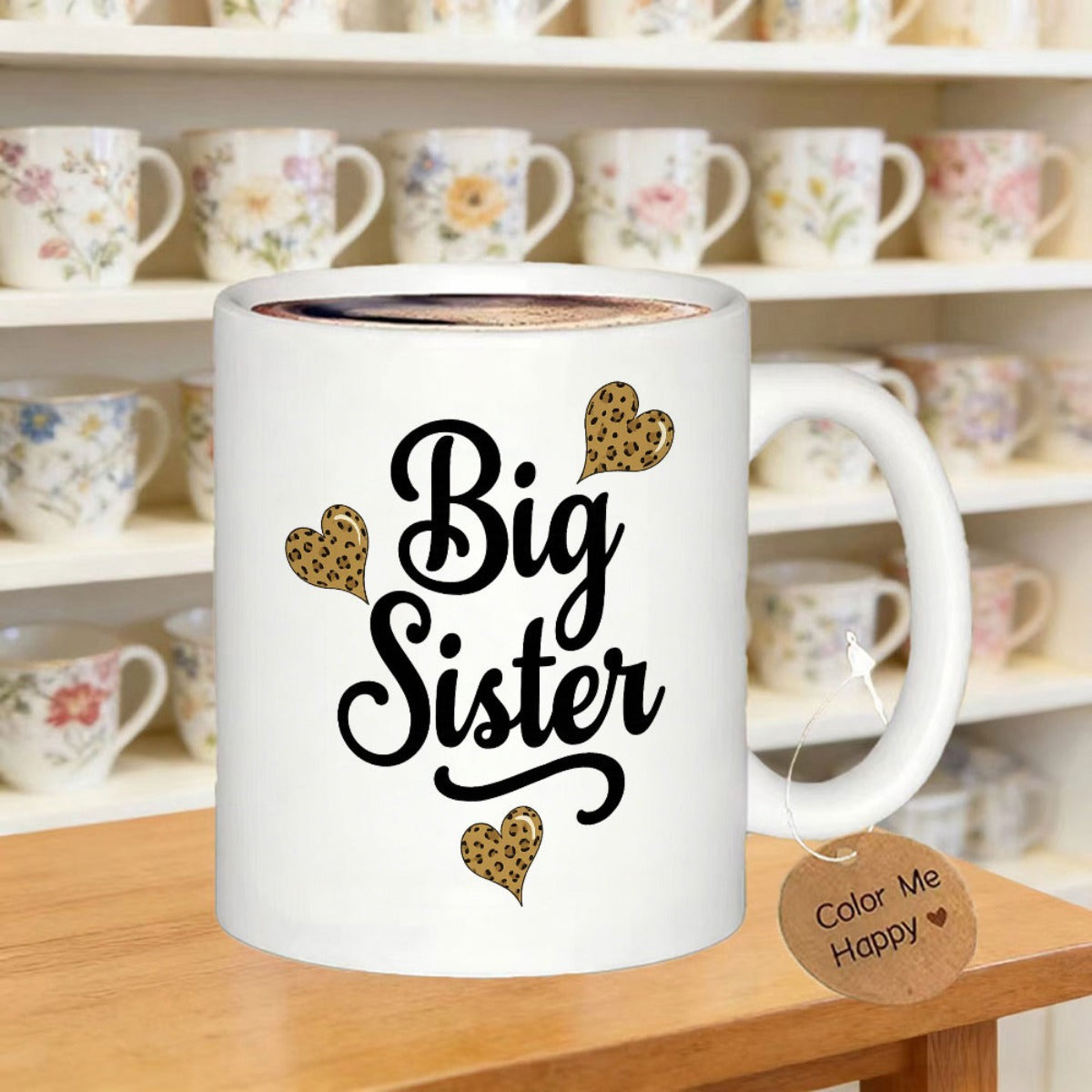 Tailorly White Ceramic 11 oz Mug - Big Sister Three Leopard Print Hearts Surrounding Elegant Script Text Heart