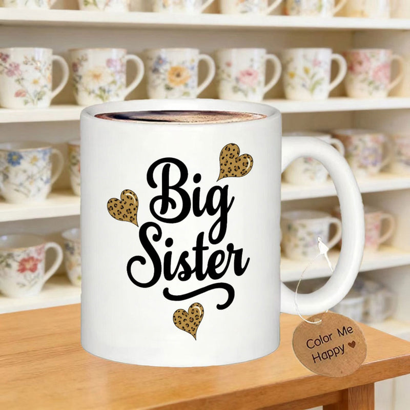 Tailorly White Ceramic 11 oz Mug - Big Sister Three Leopard Print Hearts Surrounding Elegant Script Text Heart