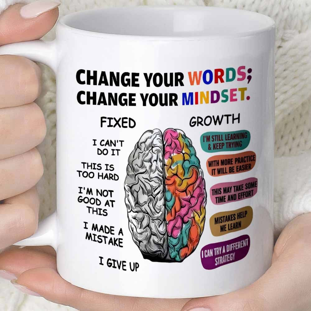 Tailorly White Ceramic 11 oz Mug - Change Your Words Change Your Mindset Fixed Growth Human Brain Divided Into Colorful Artistic Half And Gray Logical Half Brain