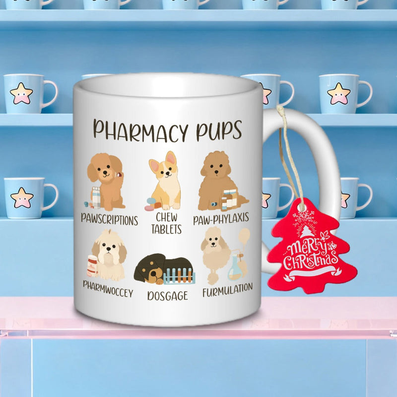 Tailorly White Ceramic 11 oz Mug - Pharmacy Pups Six Adorable Cartoon Dogs Posing With Various Pharmacy Medical Accessories Dog