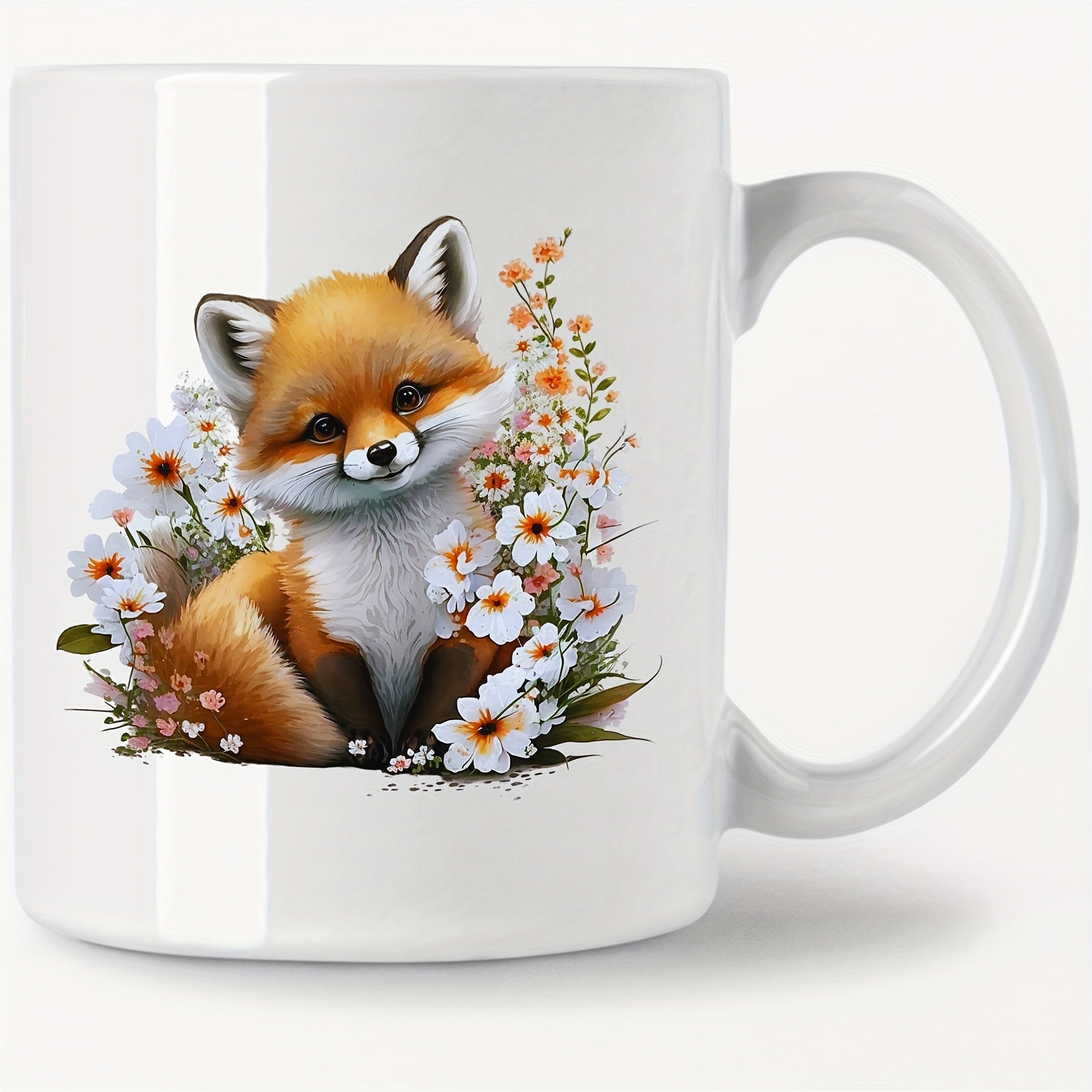 Tailorly White Ceramic 11 oz Mug - Adorable Baby Fox Nestled Among Soft White And Orange Wild Flowers Fox