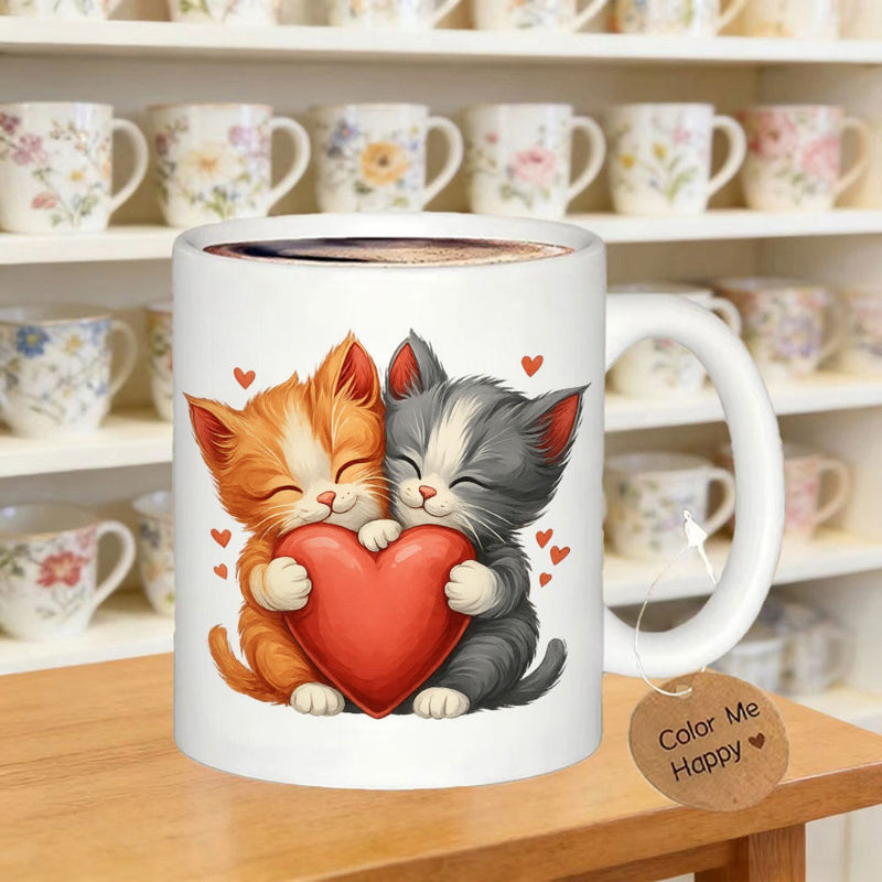 Tailorly White Ceramic 11 oz Mug - Color Me Happy Adorable Kittens Hugging A Large Red Heart Surrounded By Small Hearts Cat