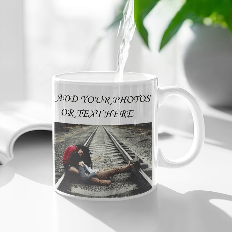 Tailorly White Ceramic 11 oz Mug - Add Your Photos Or Text Here Romantic Couple Sitting Together On A Vintage Outdoor Scenic Railway Track
