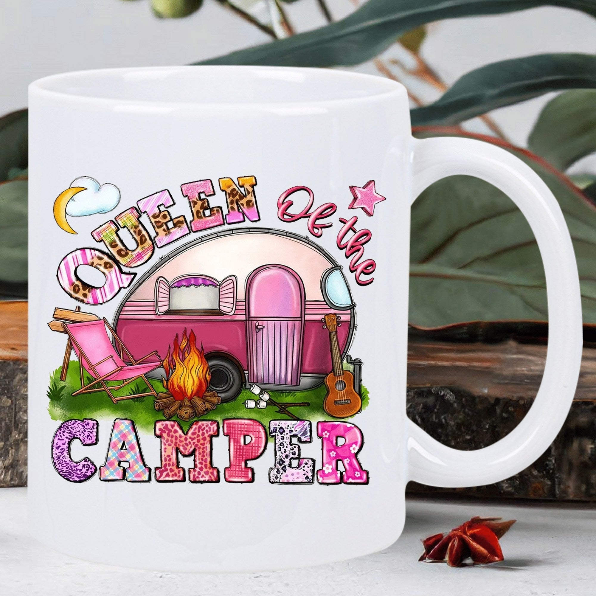 Tailorly White Ceramic 11 oz Mug - Queen Of The Camper Pink Vintage Trailer Beside Warm Campfire And Guitar Camper