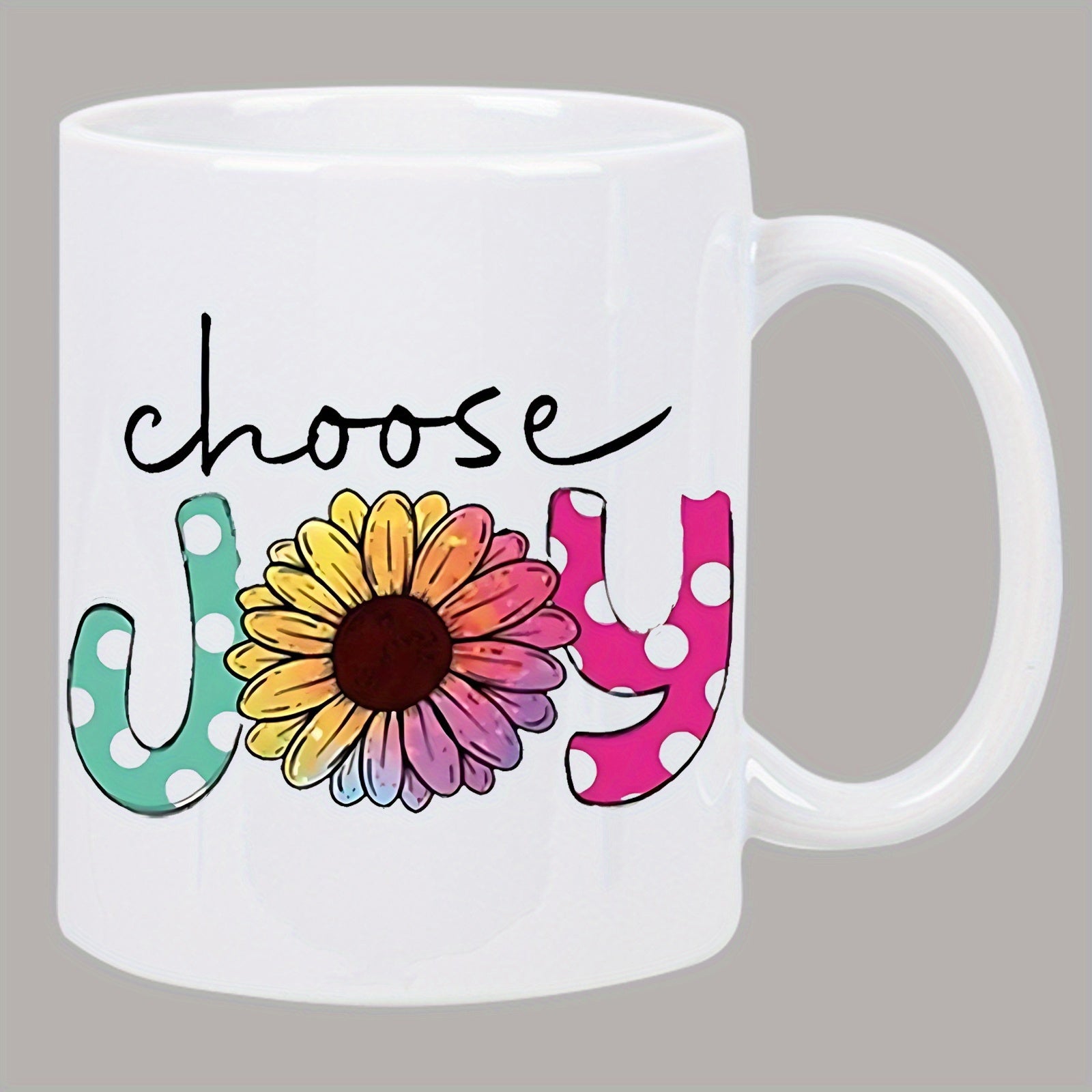 Tailorly White Ceramic 11 oz Mug - Choose Joy Vibrant Colorful Sunflower With Polka Dot Letters In Handwritten Style Flower