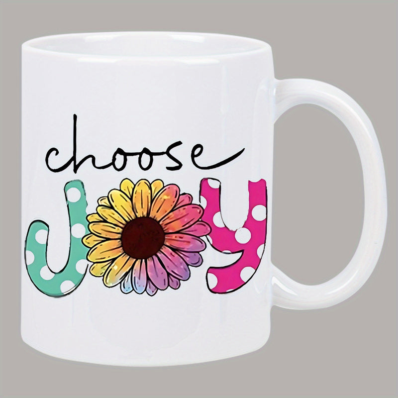 Tailorly White Ceramic 11 oz Mug - Choose Joy Vibrant Colorful Sunflower With Polka Dot Letters In Handwritten Style Flower