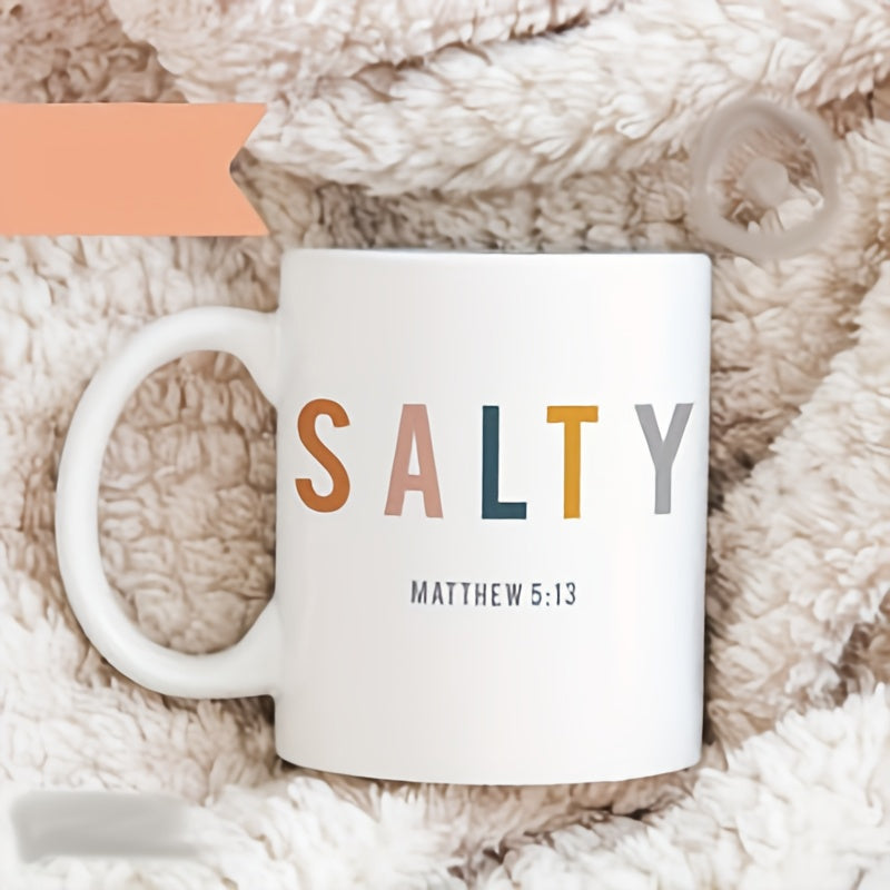 Tailorly White Ceramic 11 oz Mug - Salty Matthew 5 13 Minimalist White Ceramic Vessel On A Soft Textured Cozy Sherpa Blanket Mug