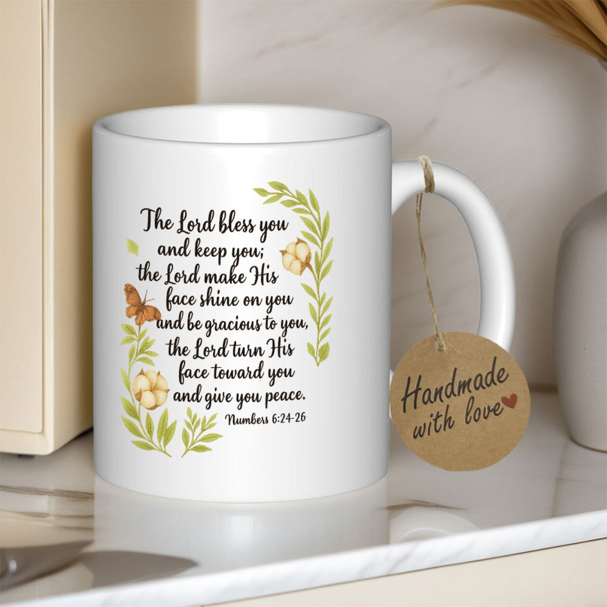 Tailorly White Ceramic 11 oz Mug - The Lord Bless You And Keep You Numbers 6 24 26 Delicate Green Leaf Wreath Surrounded By Cotton Bolls And Flying Butterfly Mug