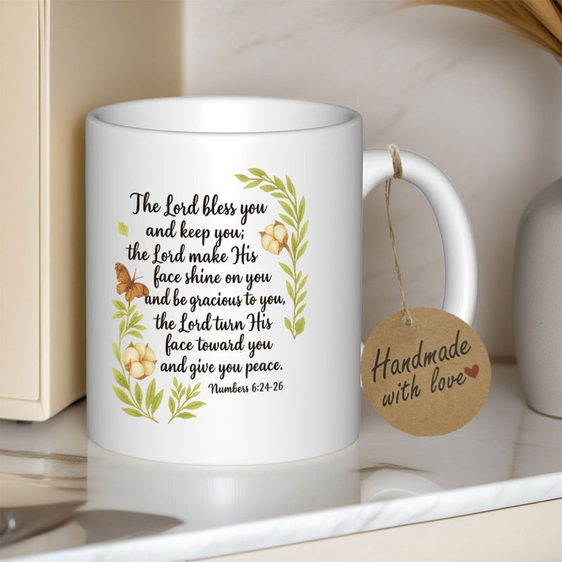 Tailorly White Ceramic 11 oz Mug - The Lord Bless You And Keep You Numbers 6 24 26 Delicate Green Leaf Wreath Surrounded By Cotton Bolls And Flying Butterfly Mug