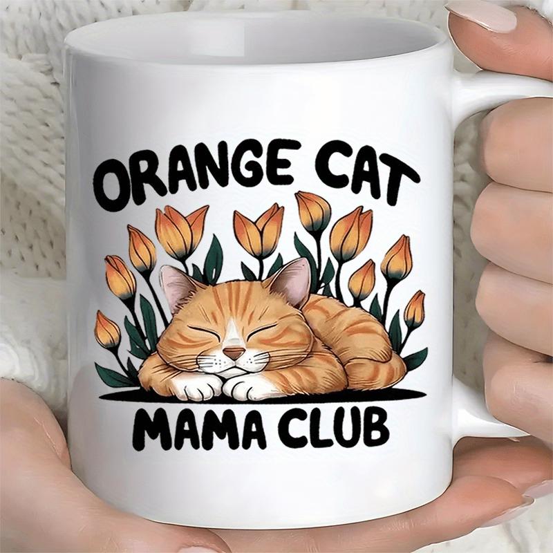 Tailorly White Ceramic 11 oz Mug - Orange Cat Mama Club Sleeping Ginger Tabby Surrounded By Elegant Orange Blooming Flowers Cat