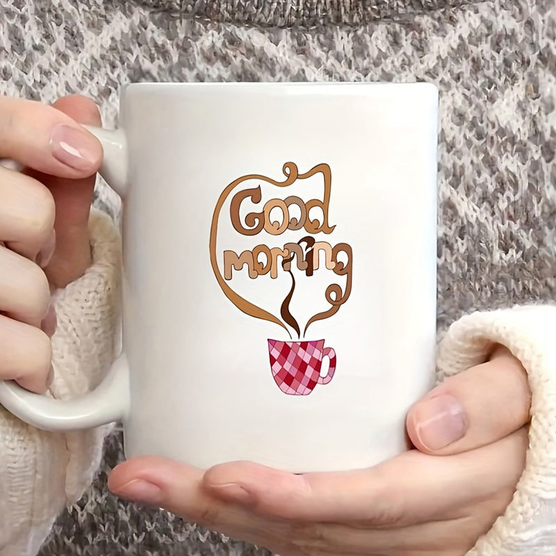 Tailorly White Ceramic 11 oz Mug - Good Morning Rising Brown Steam Forming Artistic Script From A Pink Checkered Patterned Cup