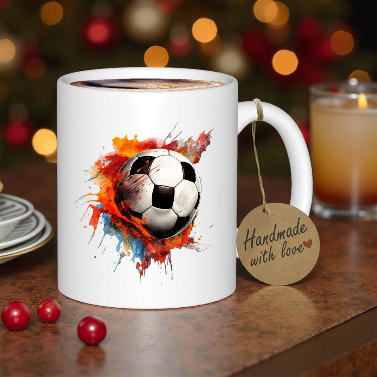 Tailorly White Ceramic 11 oz Mug - Handmade With Love Vibrant Watercolor Splash In Orange And Blue Tones Around A Dynamic Soccer Ball