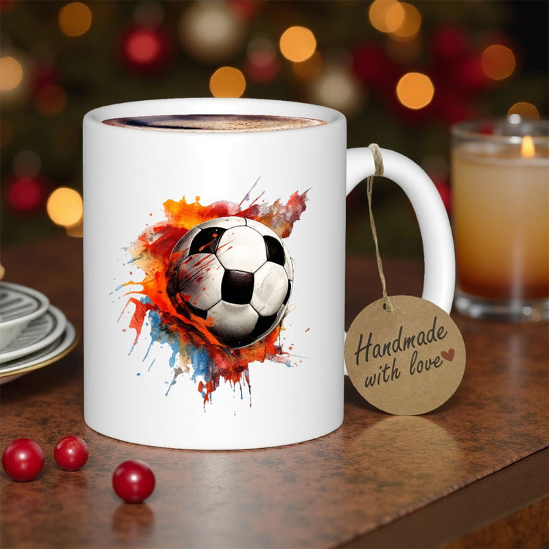 Tailorly White Ceramic 11 oz Mug - Handmade With Love Vibrant Watercolor Splash In Orange And Blue Tones Around A Dynamic Soccer Ball