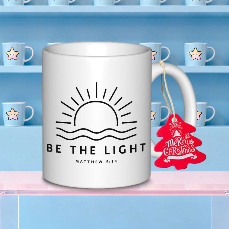Tailorly White Ceramic 11 oz Mug - Be The Light Matthew 5 14 Minimalist Linear Rays Over Calm Flowing Stylized Ocean Waves Sun