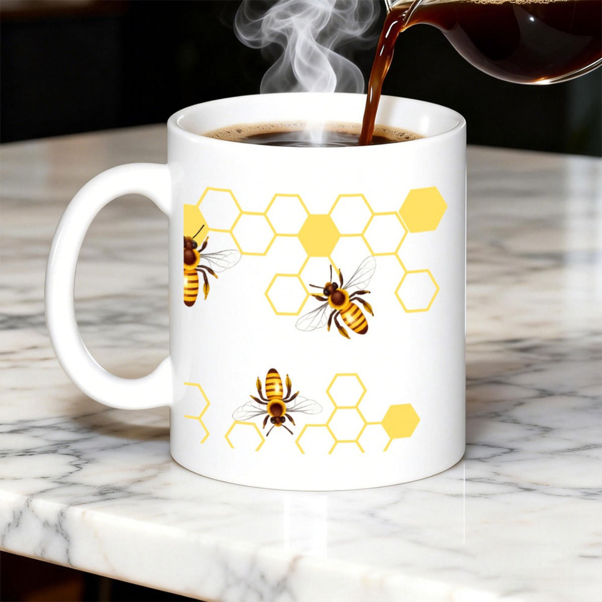 Tailorly White Ceramic 11 oz Mug - Golden Honey Bees Buzzing Around Geometric Hexagonal Honeycomb Patterns Bee