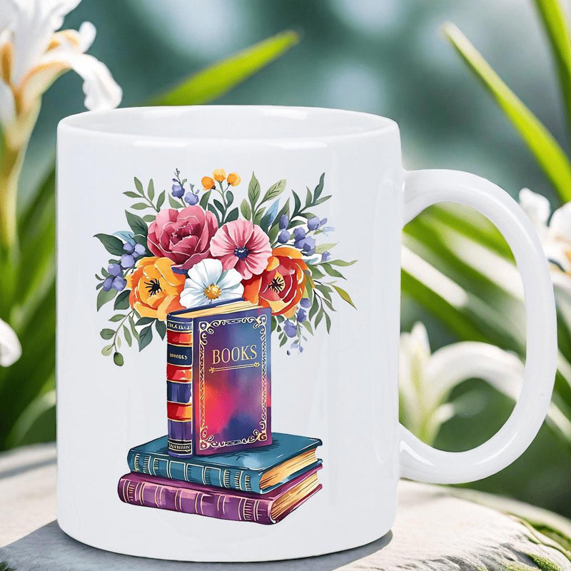 Tailorly White Ceramic 11 oz Mug - Books Vibrant Watercolor Flowers Growing From Stacks Of Classic Hardcover Literature Books
