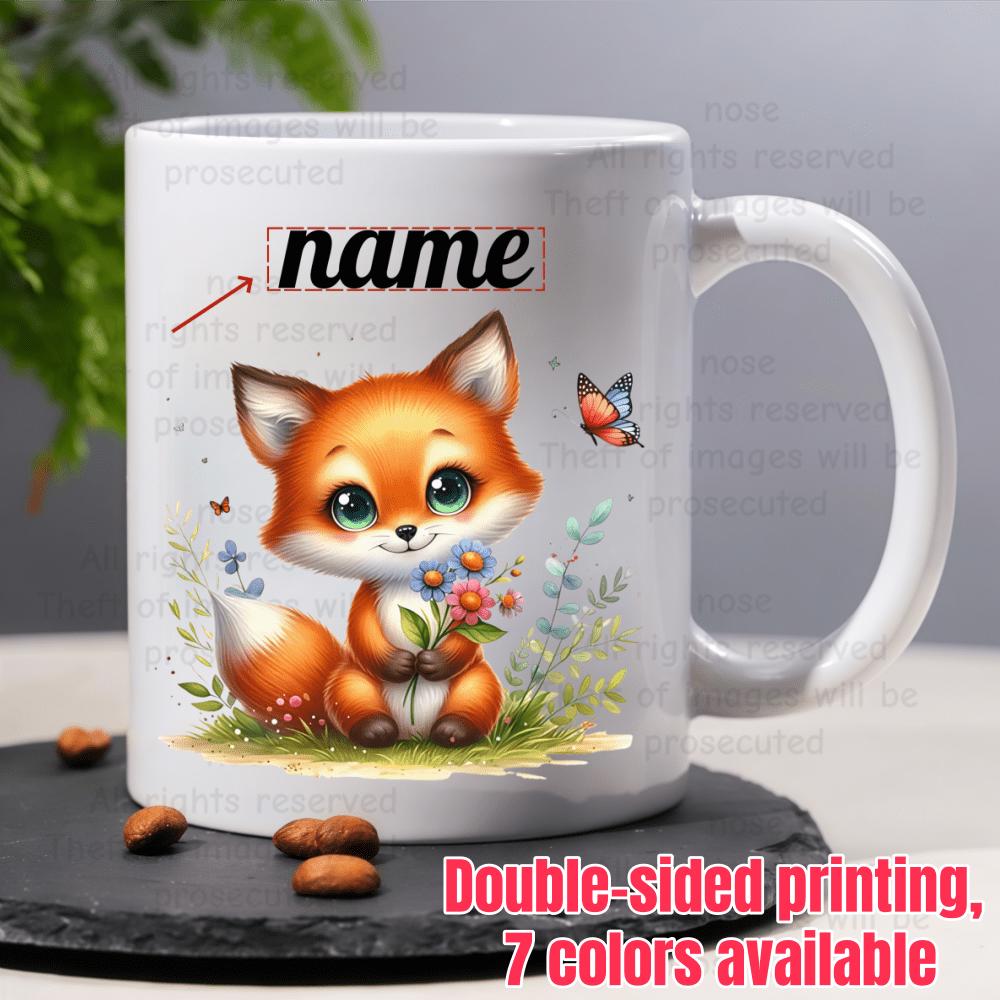 Tailorly White Ceramic 11 oz Mug - Name Adorable Cartoon Fox Sitting Among Blooming Wildflowers Holding A Delicate Colorful Bouquet Fox
