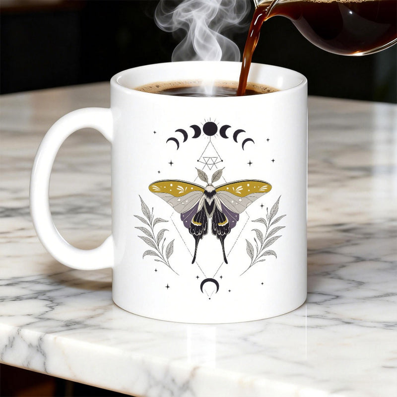 Tailorly White Ceramic 11 oz Mug - Elegant Symmetrical Design With Moon Phases And Delicate Fern Leaves Moth