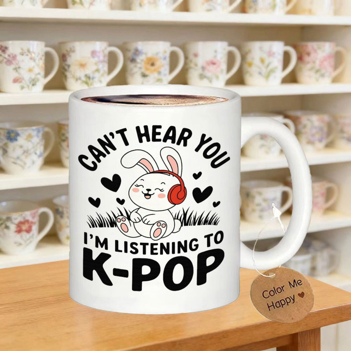 Tailorly White Ceramic 11 oz Mug - Cant Hear You Im Listening To K Pop Cute Cartoon Bunny Wearing Red Headphones Surrounded By Black Hearts And Grass Rabbit