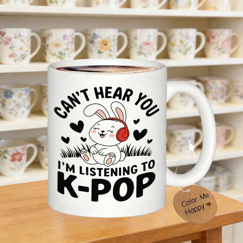 Tailorly White Ceramic 11 oz Mug - Cant Hear You Im Listening To K Pop Cute Cartoon Bunny Wearing Red Headphones Surrounded By Black Hearts And Grass Rabbit
